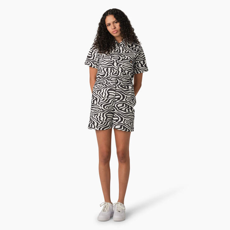 Women’s Regular Fit Zebra Print Shortalls - Ecru/Black (EUQ) image number 1