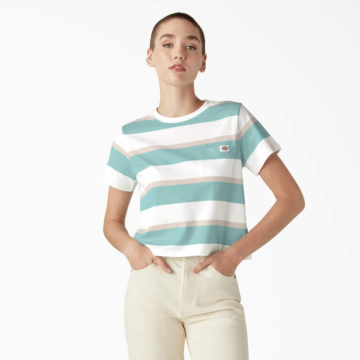 Women's Large Striped Cropped Pocket T-Shirt - Pastel Turquoise Stripe (SQS) image number 1