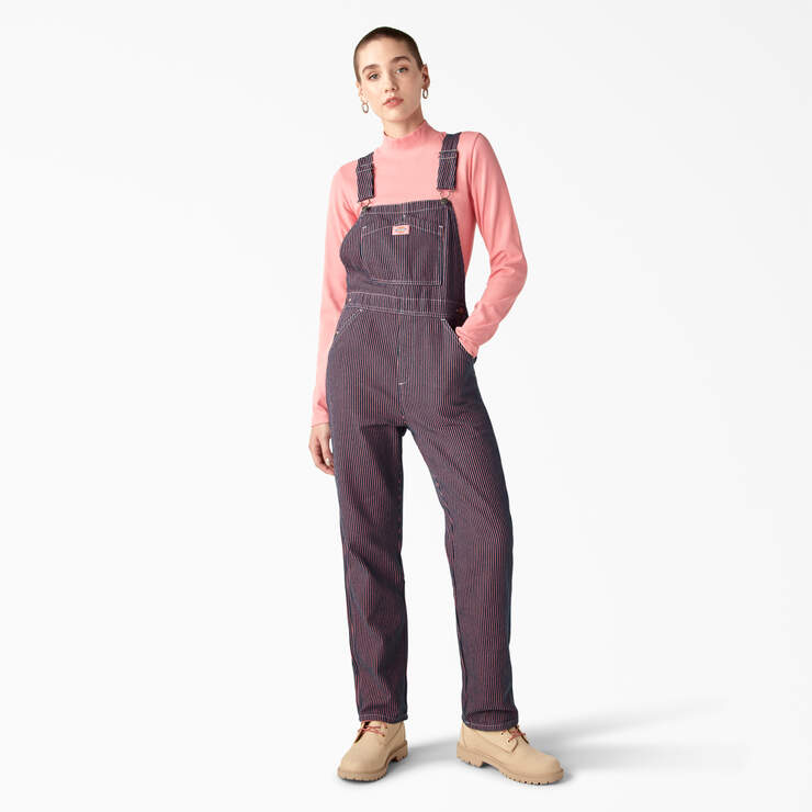 Women’s Regular Fit Hickory Stripe Bib Overalls - Pink/Navy Hickory Stripe (KRS) image number 1