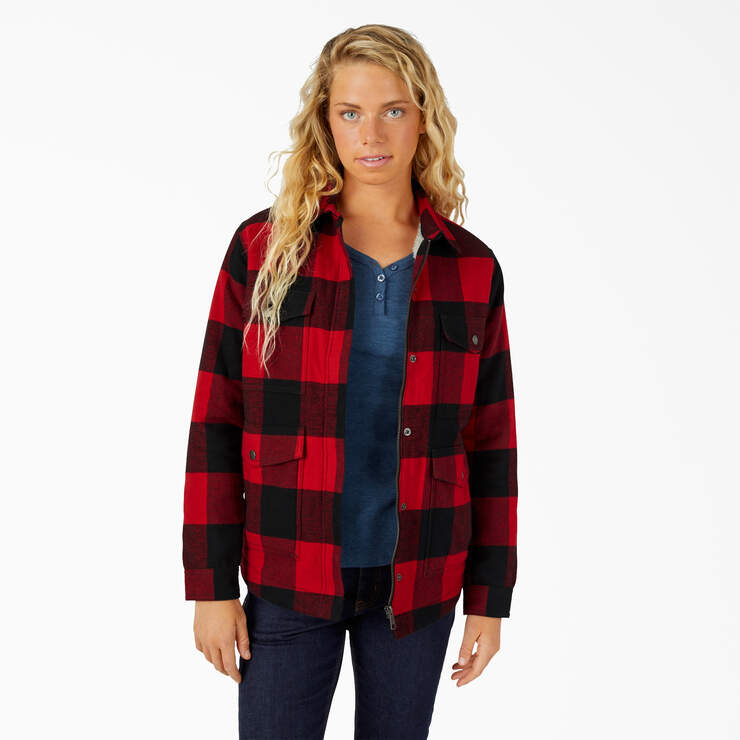 Women's Flannel High Pile Fleece Lined Chore Coat - English Red Buffalo Plaid (PSF) image number 1