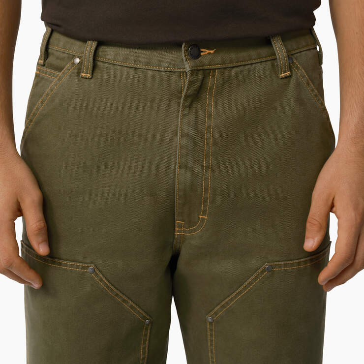 Relaxed Fit Contrast Stitch Double Knee Duck Pants - Stonewashed Military Green (SMW) image number 4