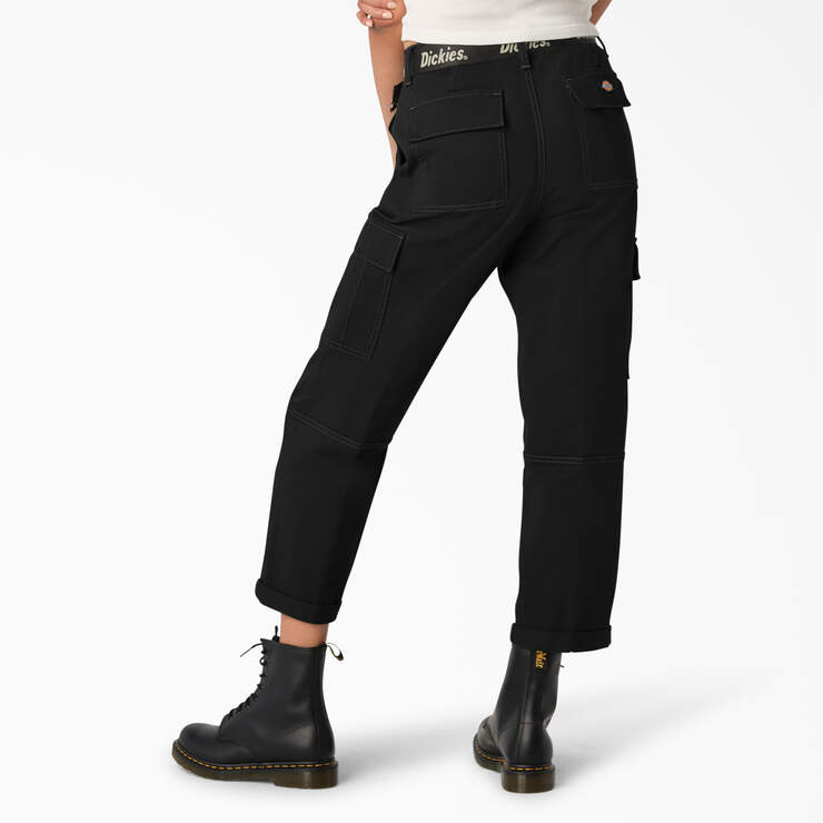 Women's Relaxed Fit Contrast Stitch Cropped Cargo Pants - Black (BKX) image number 2