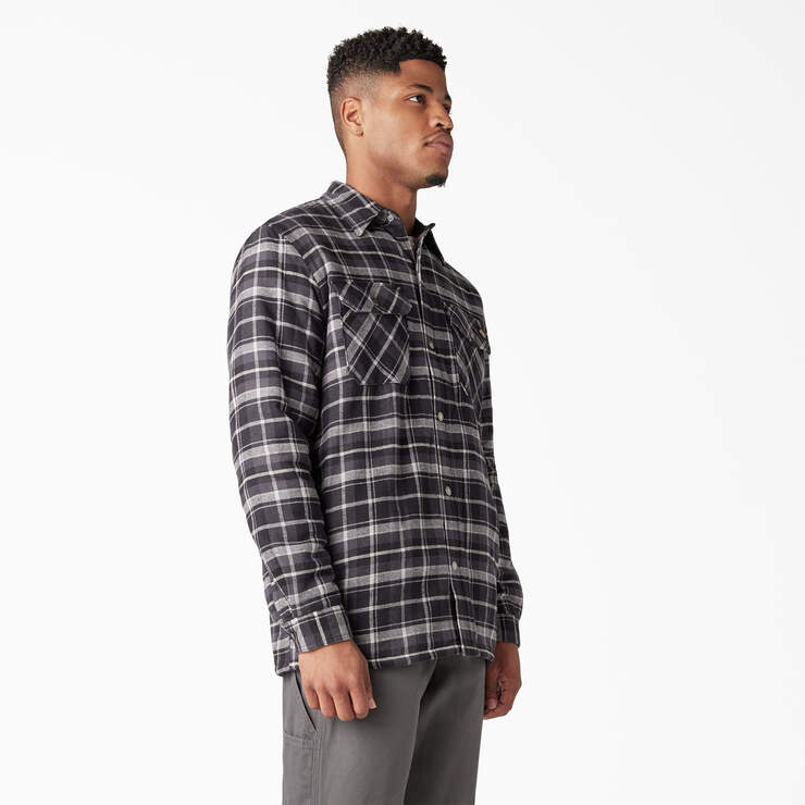 Water Repellent Fleece-Lined Flannel Shirt Jacket - Charcoal/Black Plaid (B1X) image number 4
