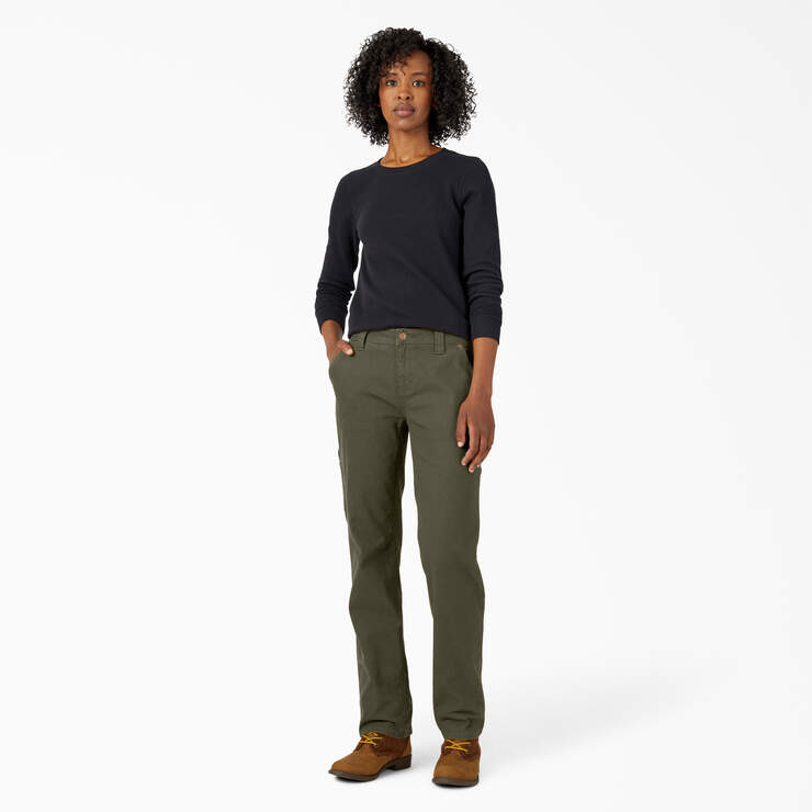 Women's FLEX Relaxed Straight Fit Duck Carpenter Pants - Rinsed Moss Green (RMS) image number 5