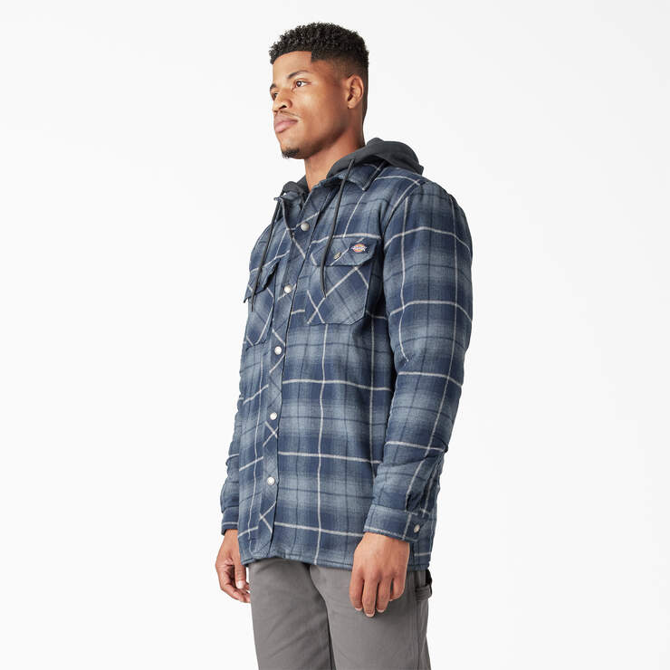 Water Repellent Flannel Hooded Shirt Jacket - Navy Storm Ombre Plaid (C1H) image number 3