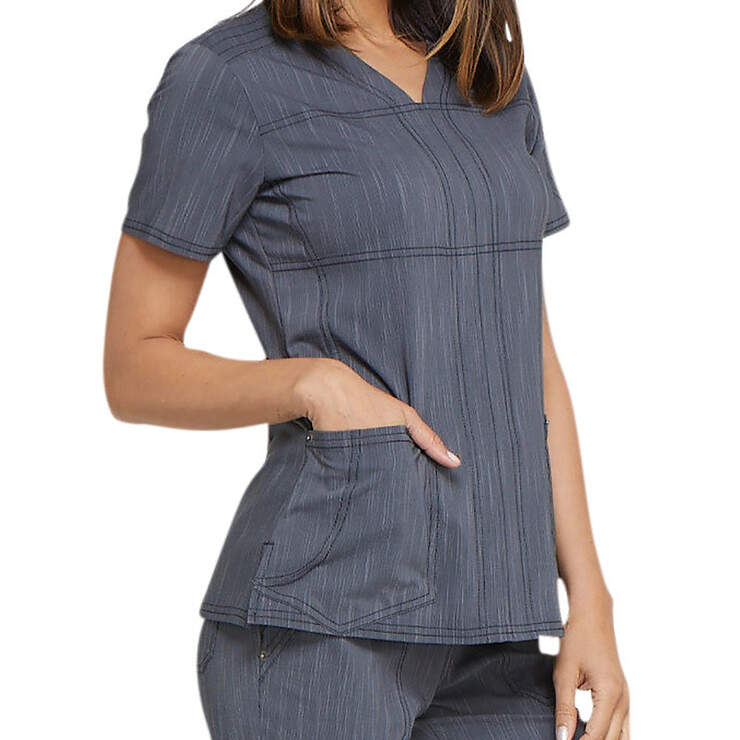 Women's Advance Two-Tone Twist V-Neck Scrub Top with Zipper Pocket - Pewter Gray (PEW) image number 4