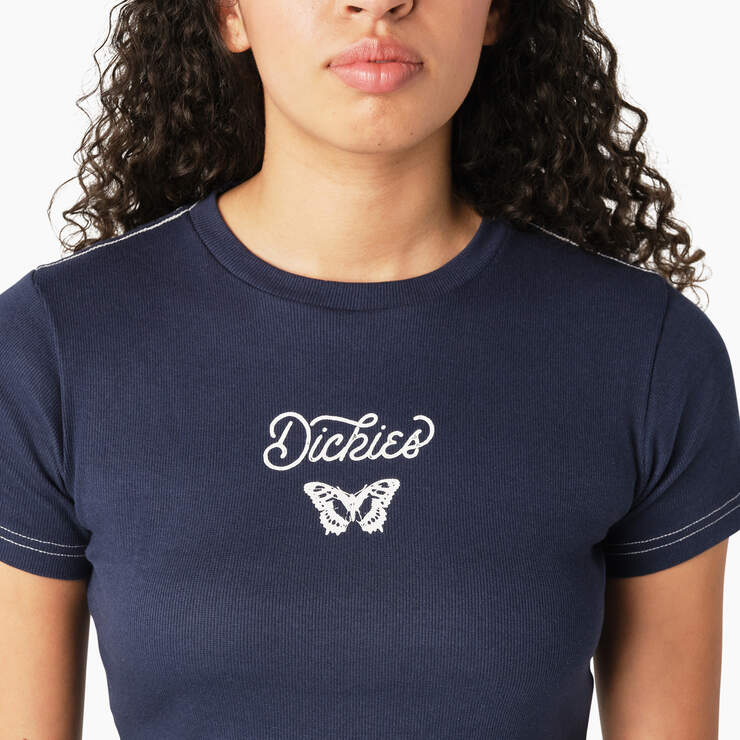 Women's Butterfly Graphic Cropped Baby T-Shirt - Ink Navy (IK) image number 5