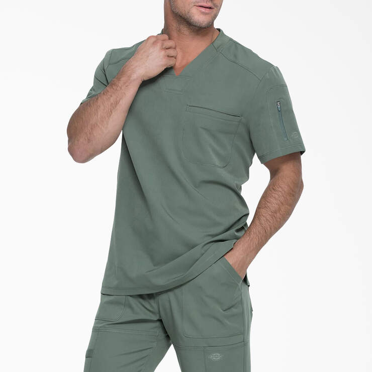Men's Dynamix V-Neck Scrub Top with Zip Pocket - Olive Green (OLI) image number 3