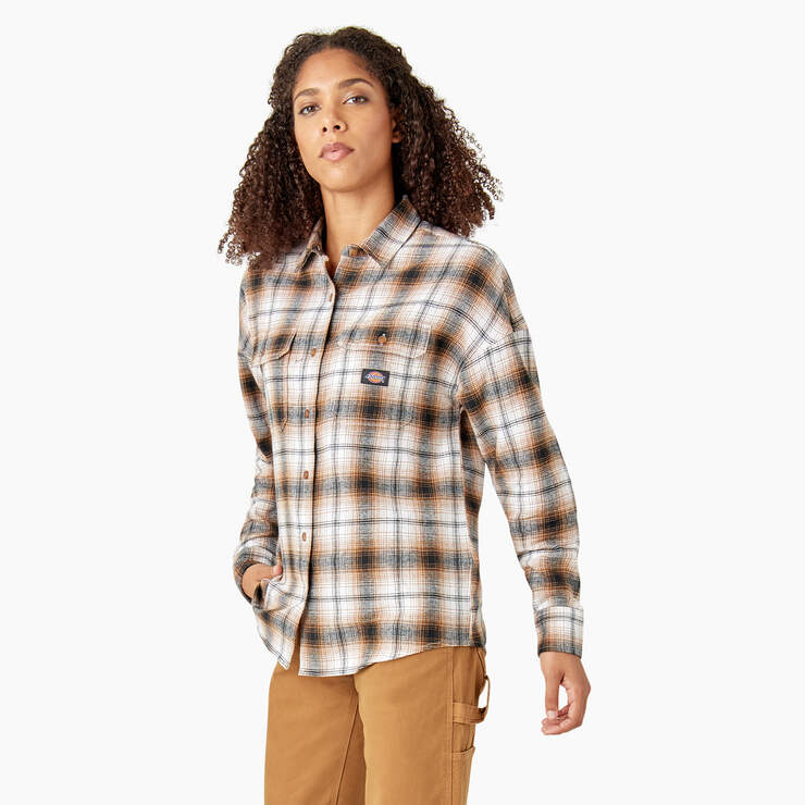 Women's Long Sleeve Flannel Shirt - Brown Duck/Black Ombre Plaid (WPB) image number 3
