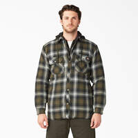 Water Repellent Flannel Hooded Shirt Jacket - Dark Olive/Black Plaid (A2A)