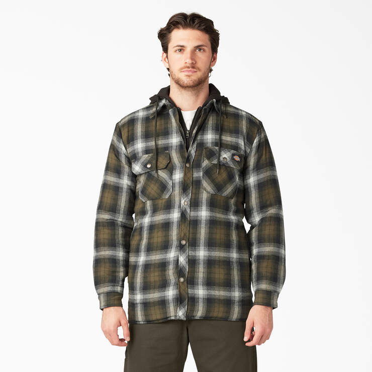 Water Repellent Flannel Hooded Shirt Jacket - Dark Olive/Black Plaid (A2A) image number 1