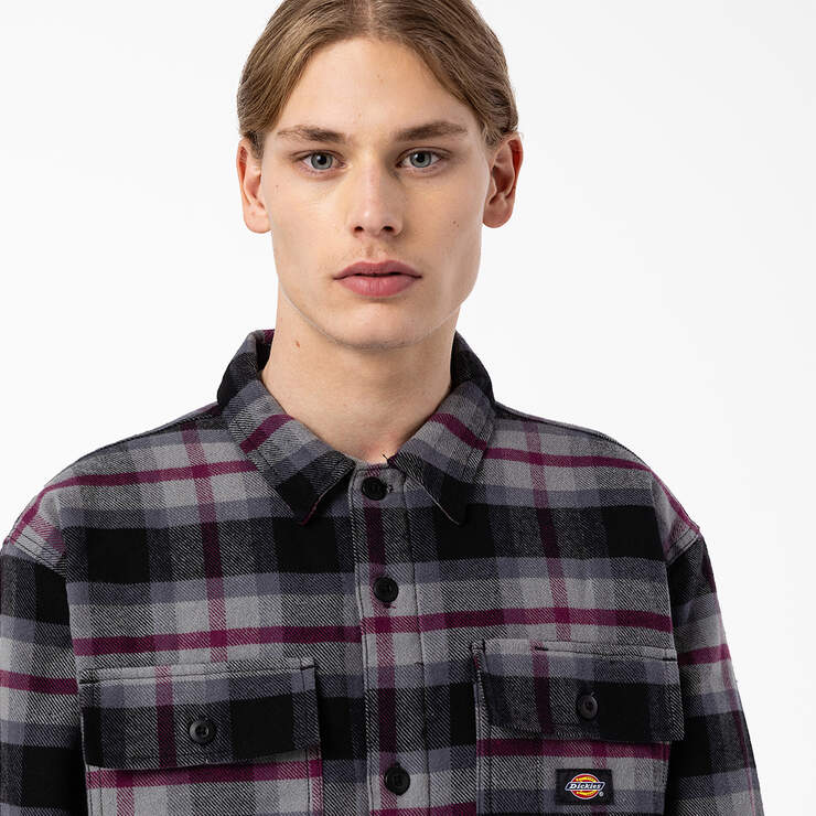 Flannel Quilted Lined Shirt Jacket - Black Wine Grey Plaid (APW) image number 4