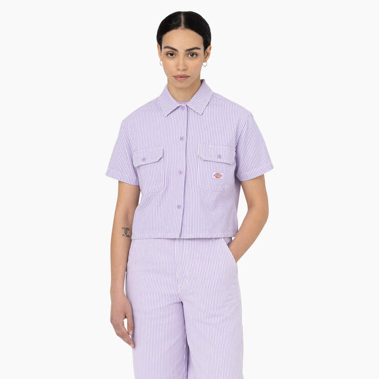 Women's Hickory Stripe Cropped Work Shirt - Ecru/Lilac (EUG) image number 1