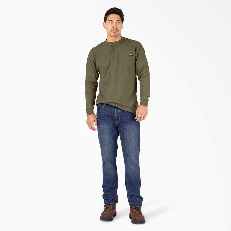 Heavyweight Heathered Long Sleeve Henley T-Shirt - Military Green Heather (MLD) image number 6
