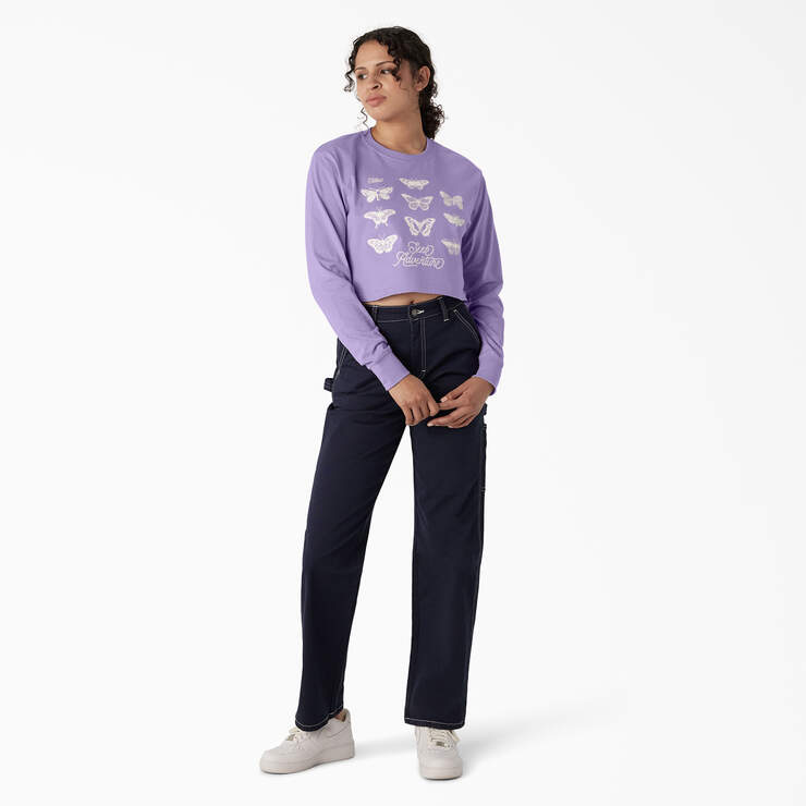 Women's Butterfly Graphic Long Sleeve Cropped T-Shirt - Purple Rose (UR2) image number 4