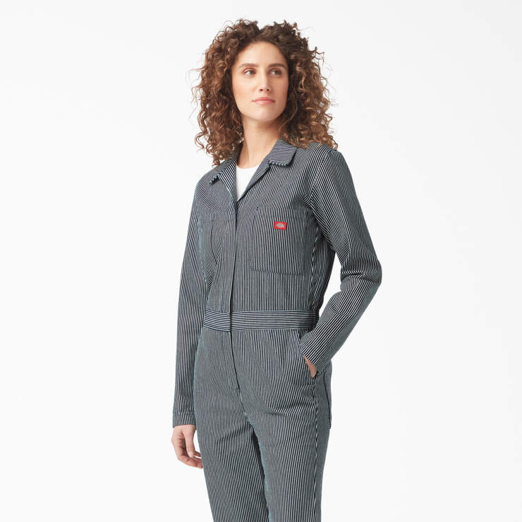 Women's Relaxed Fit Long Sleeve Hickory Stripe Coveralls - Rinsed Hickory Stripe (RHS) image number 4