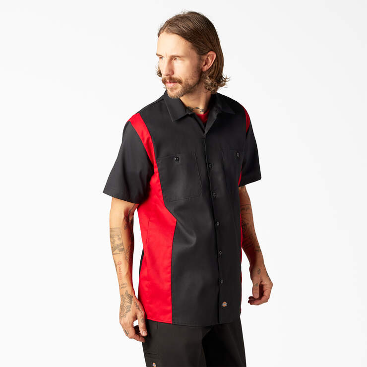 Two-Tone Short Sleeve Work Shirt - Black Red Tone (BKER) image number 4