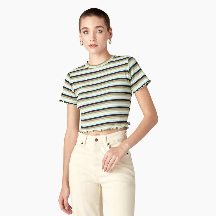 Women's Striped Cropped Baby T-Shirt - Green/Navy Explorer Stripe (QGS) image number 1