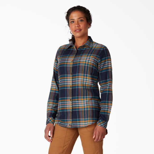 Women&#39;s Long Sleeve Plaid Flannel Shirt - Scarf Gold Navy Plaid &#40;SP2&#41;