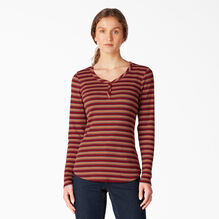 Women&#39;s Long Sleeve Henley Shirt - Aged Brick Rainbow Stripe &#40;OS2&#41;