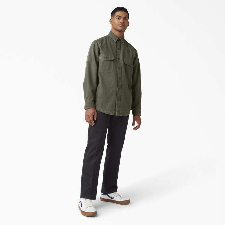 Long Sleeve Flannel-Lined Duck Shirt - Military Green (ML) image number 4