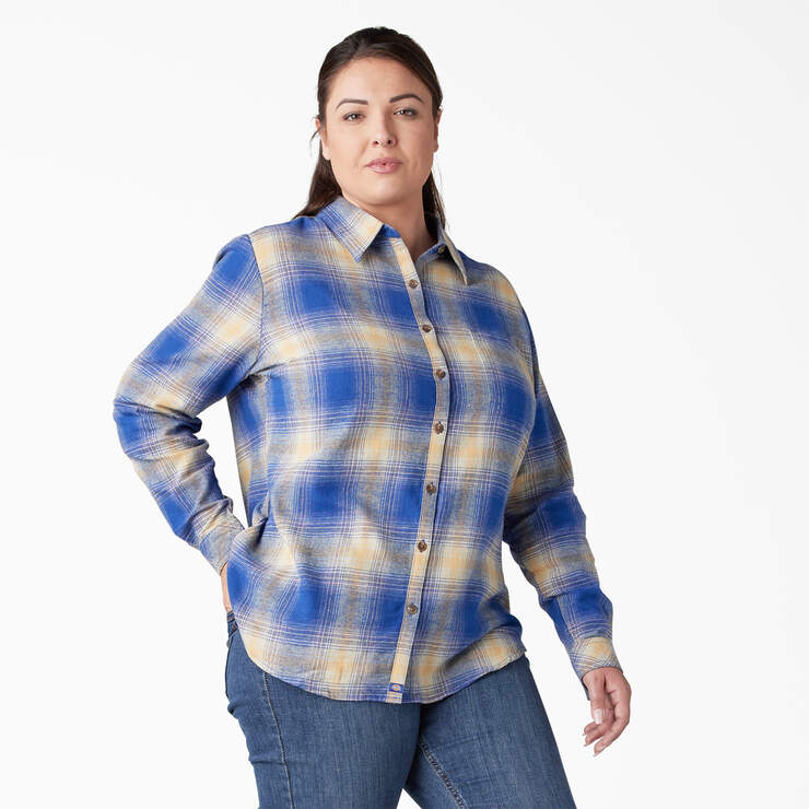 Women's Plus Long Sleeve Plaid Flannel Shirt - Surf Blue/Fireside Ombre Plaid (C1J) image number 4