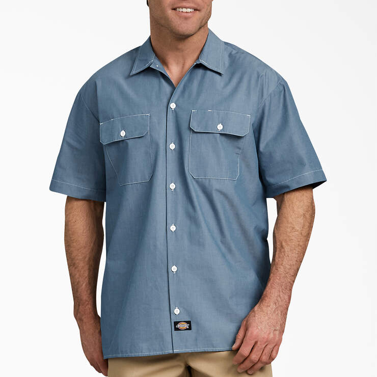 Relaxed Fit Short Sleeve Chambray Shirt - Blue Chambray (BU) image number 1