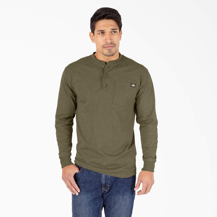 Heavyweight Heathered Long Sleeve Henley T-Shirt - Military Green Heather (MLD) image number 1
