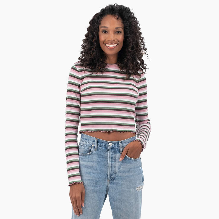 Women's Striped Long Sleeve Cropped T-Shirt - Green Fox Baby Stripe (GSX) image number 1