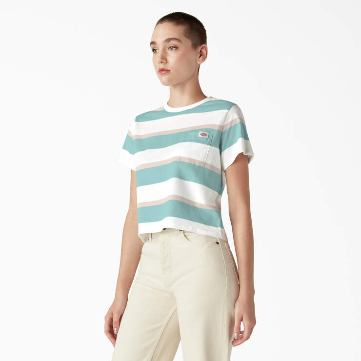 Women's Large Striped Cropped Pocket T-Shirt - Pastel Turquoise Stripe (SQS) image number 3