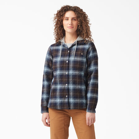 Women&#39;s Flannel Hooded Shirt Jacket - Clear Blue/Brown Ombre Plaid &#40;A1G&#41;
