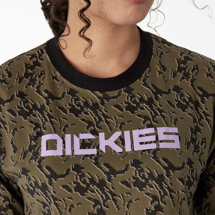 Women's Camo Long Sleeve Cropped T-Shirt - Military Green Glitch Camo (MPE) image number 5