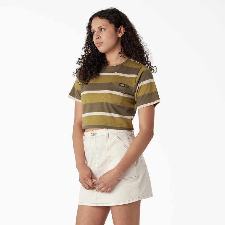 Women's Striped Cropped Pocket T-Shirt - Moss/Military Green Stripe (MMS) image number 3