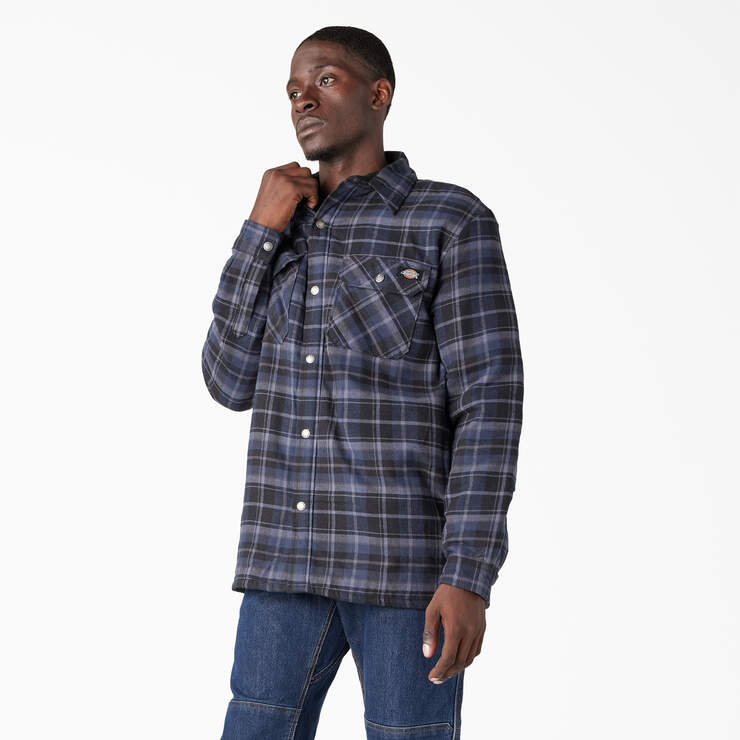 Water Repellent Fleece-Lined Flannel Shirt Jacket - Navy/Black Plaid (B2D) image number 3