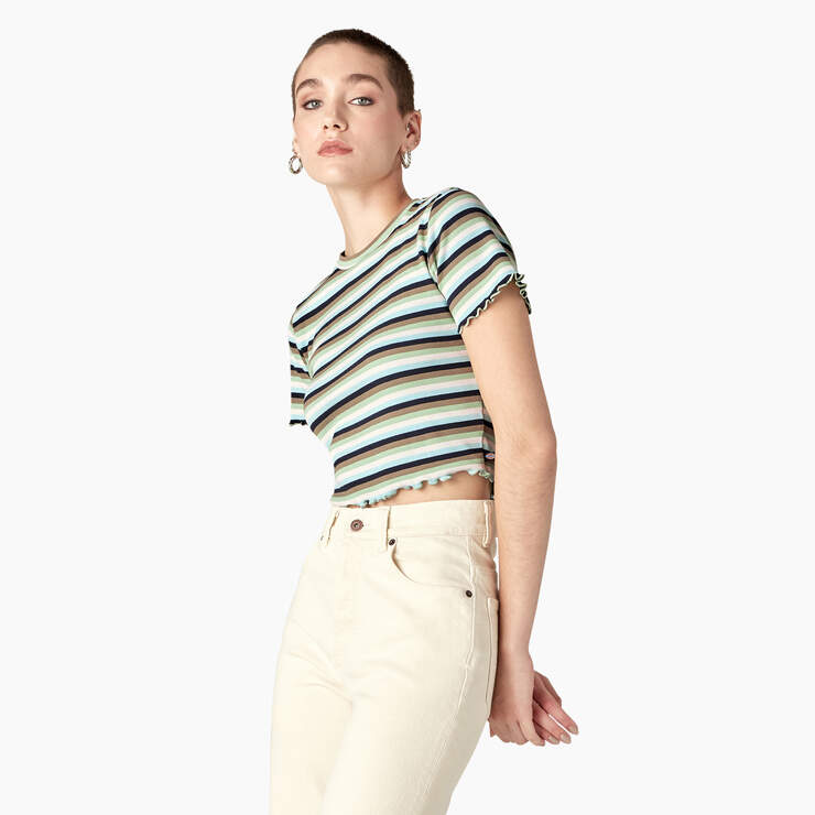 Women's Striped Cropped Baby T-Shirt - Green/Navy Explorer Stripe (QGS) image number 3