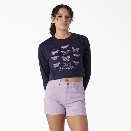 Women&#39;s Long Sleeve Butterfly Graphic Cropped T-Shirt - Ink Navy &#40;IK&#41;