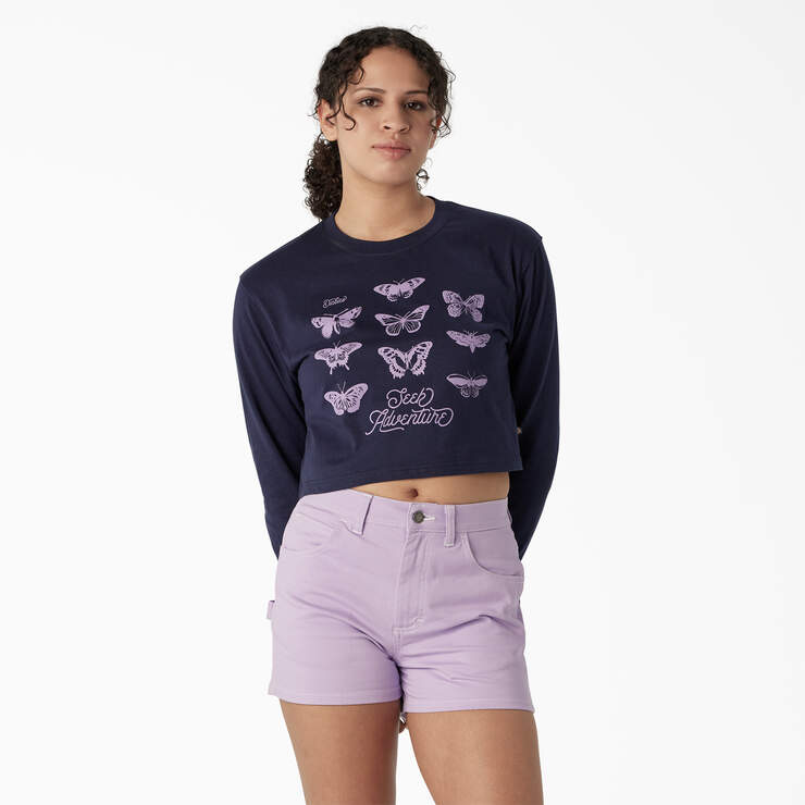 Women's Butterfly Graphic Long Sleeve Cropped T-Shirt - Ink Navy (IK) image number 1