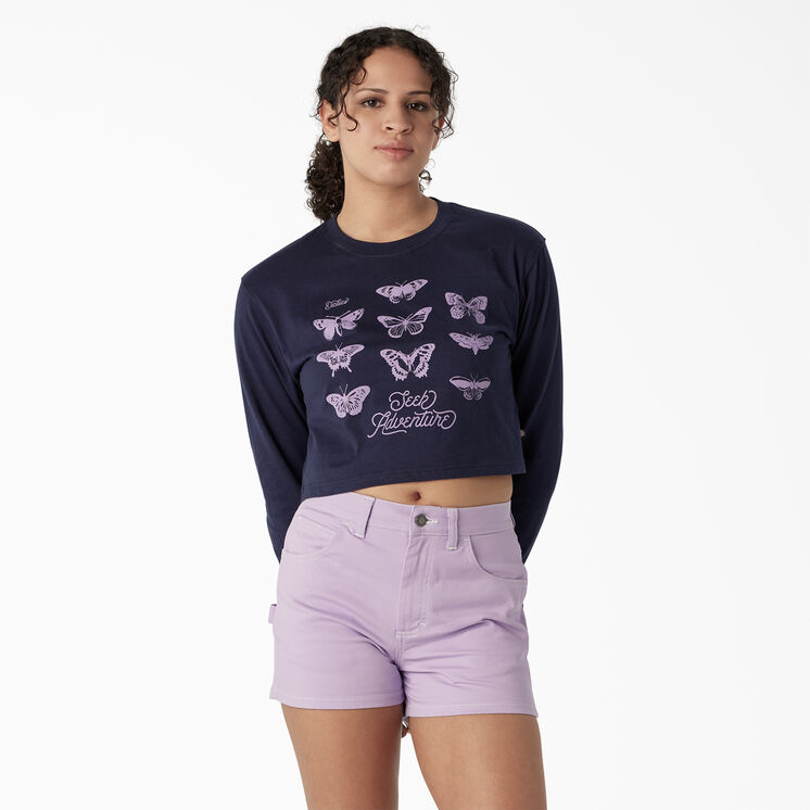 Women&#39;s Long Sleeve Butterfly Graphic Cropped T-Shirt - Ink Navy &#40;IK&#41;