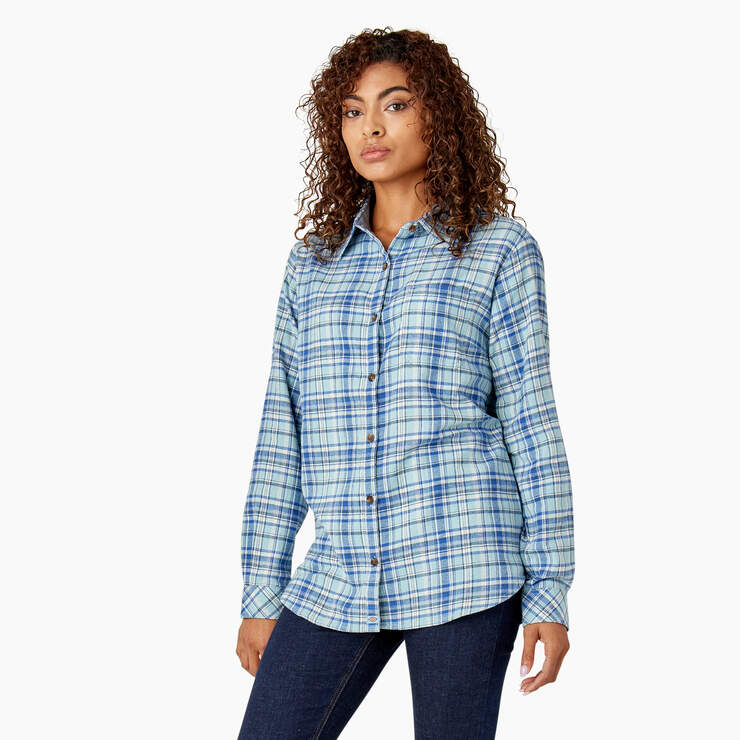 Women's Plaid Flannel Long Sleeve Shirt - Clear Blue/Orchard Plaid (B2Y) image number 3