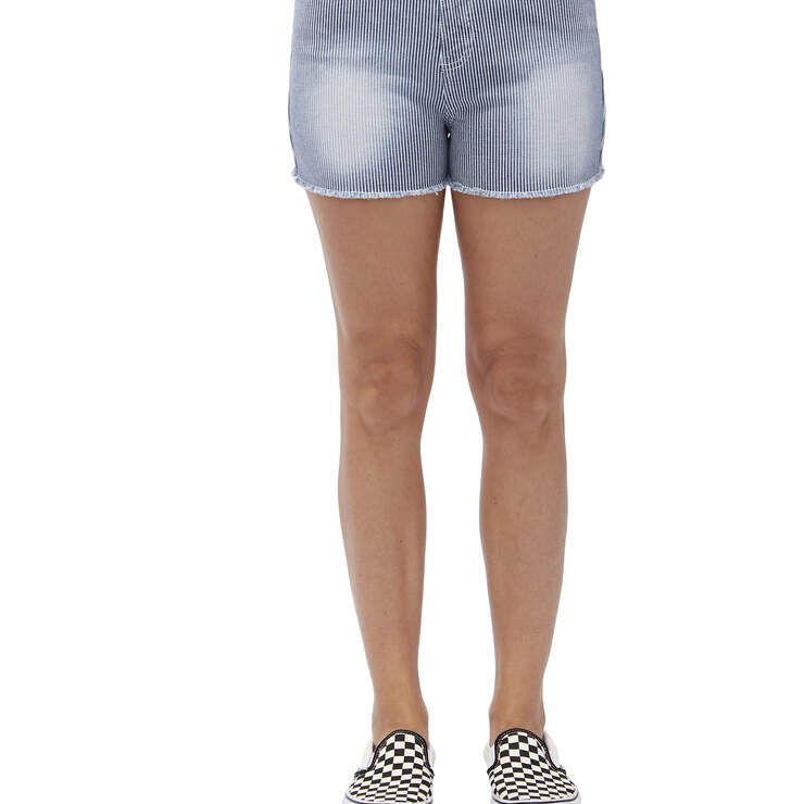 Dickies Girl Juniors' 5-Pocket 2.5" Fray Hem Hickory Striped High Rise Shorts - Destroyed Hickory Stripe (DHS) image number 1