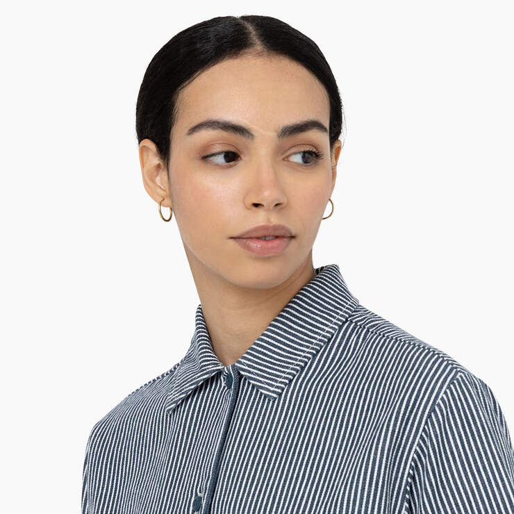 Women's Hickory Stripe Cropped Work Shirt - Ecru/Airforce Blue (EUA) image number 4