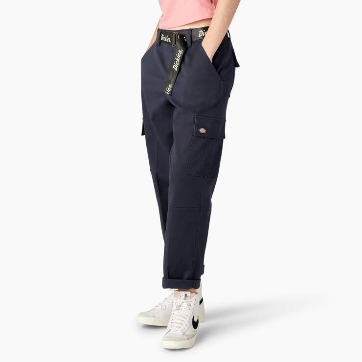 Women's Relaxed Fit Contrast Stitch Cropped Cargo Pants - Dark Navy (DN) image number 3