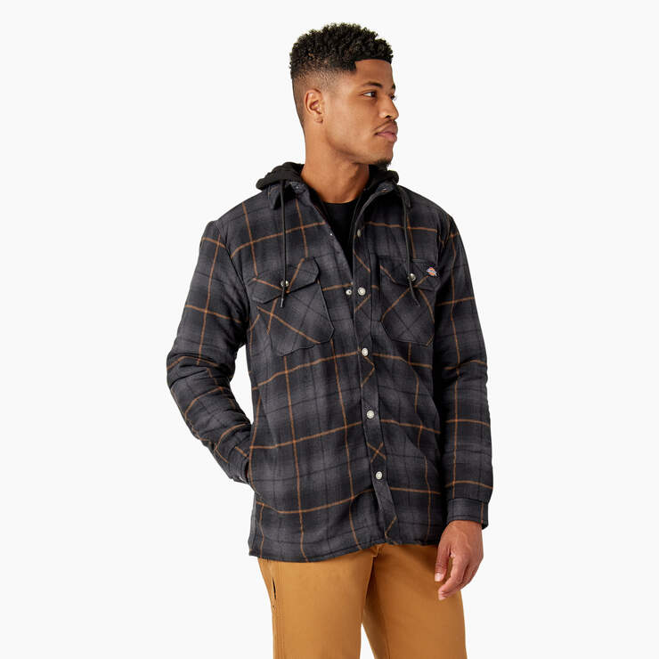 Water Repellent Flannel Hooded Shirt Jacket - Black/Charcoal Ombre Plaid (C1D) image number 4