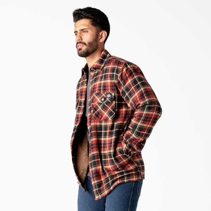 Water Repellent Fleece-Lined Flannel Shirt Jacket - Brick/Black Plaid (B2F) image number 3