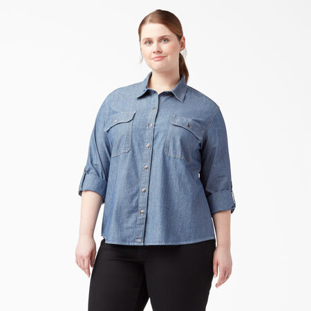 Women&rsquo;s Plus Long Sleeve Chambray Roll-Tab Work Shirt - Stonewashed Light Blue &#40;LSW&#41;