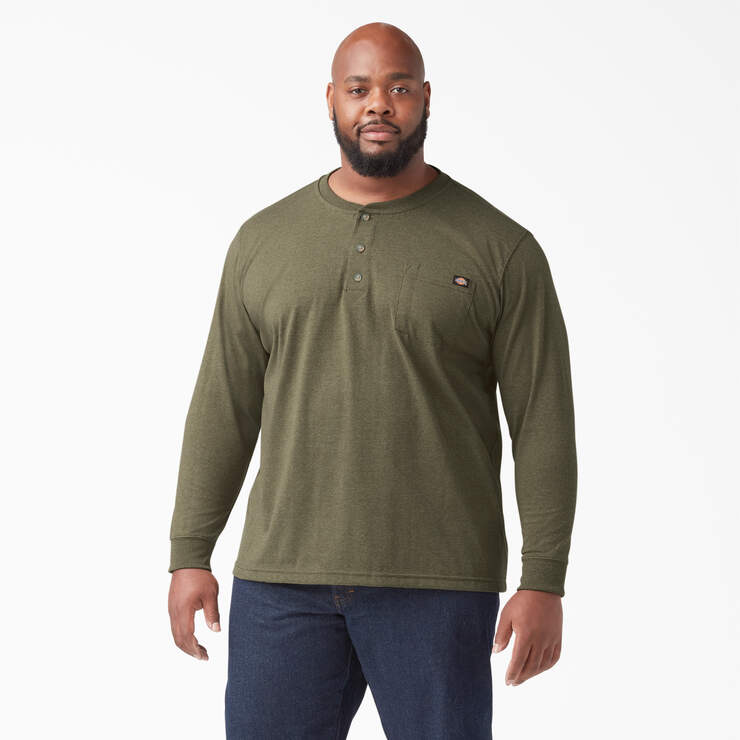 Heavyweight Heathered Long Sleeve Henley T-Shirt - Military Green Heather (MLD) image number 3