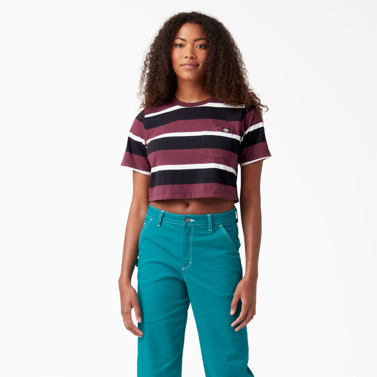 Women&#39;s Striped Cropped T-Shirt - Wine Collegiate Stripe &#40;WSG&#41;