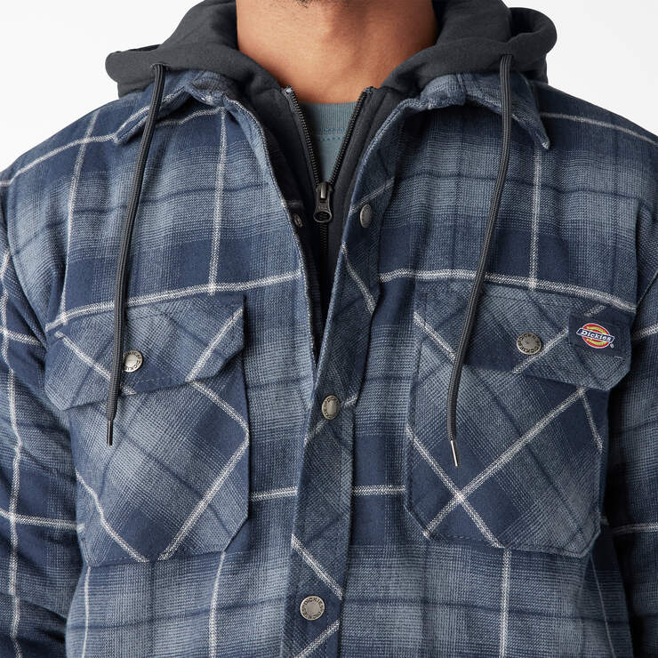 Water Repellent Flannel Hooded Shirt Jacket - Navy Storm Ombre Plaid (C1H) image number 6