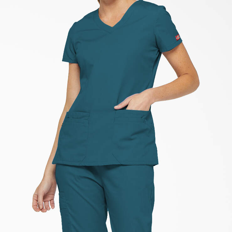 Women's EDS Signature V-Neck Scrub Top with Pen Slot - Caribbean Blue (CRB) image number 1