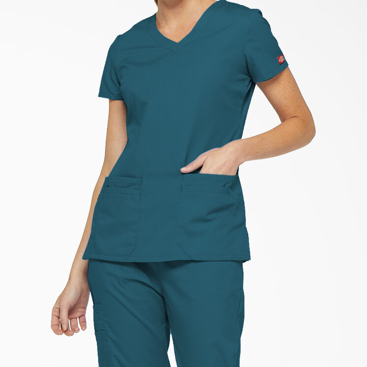 Women&#39;s EDS Signature V-Neck Scrub Top with Pen Slot - Caribbean Blue &#40;CRB&#41;